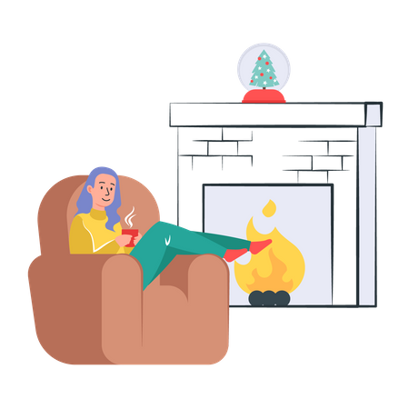 Free Girl drinking coffee near fireplace  イラスト