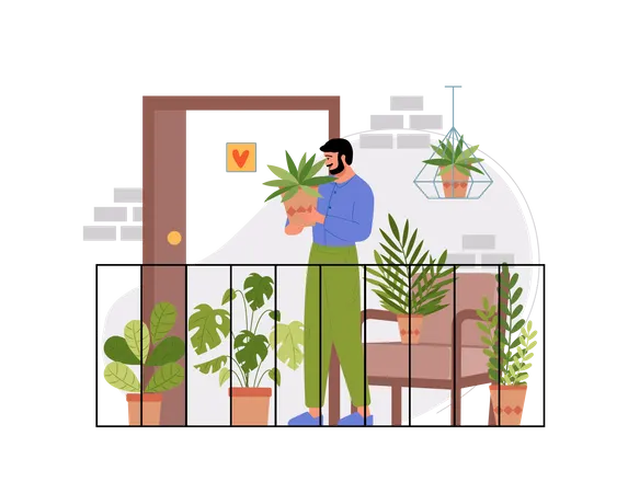 Free Indian man holding plant at the balcony of his house  일러스트레이션