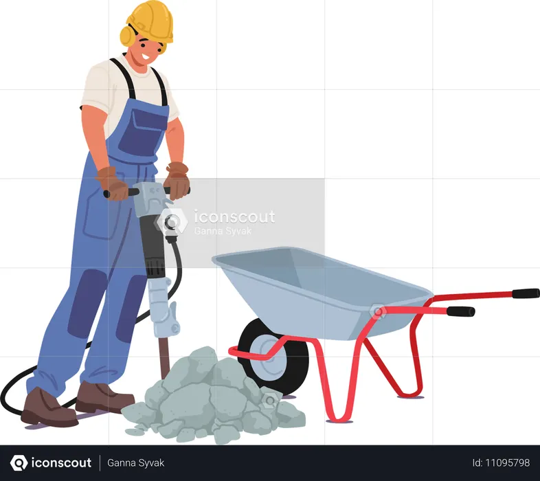 Construction Worker Wearing Blue Outerwear With Jackhammer In Hands Working Near Wheelbarrow  Illustration