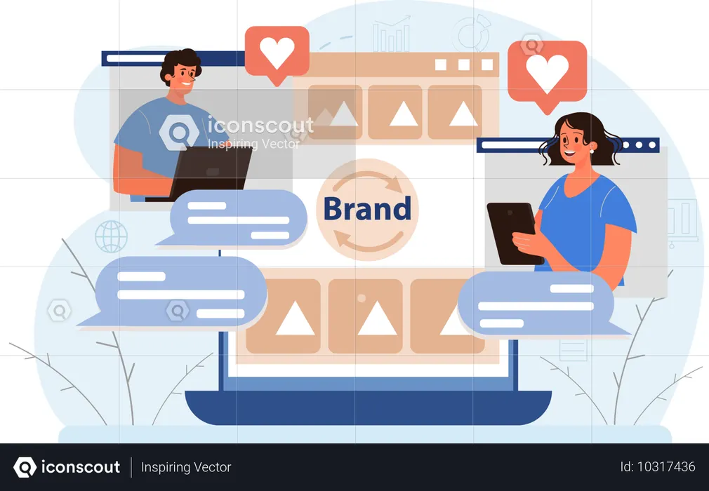 Equipe de negócios discutindo sobre construção de marca por videoconferência  Ilustração