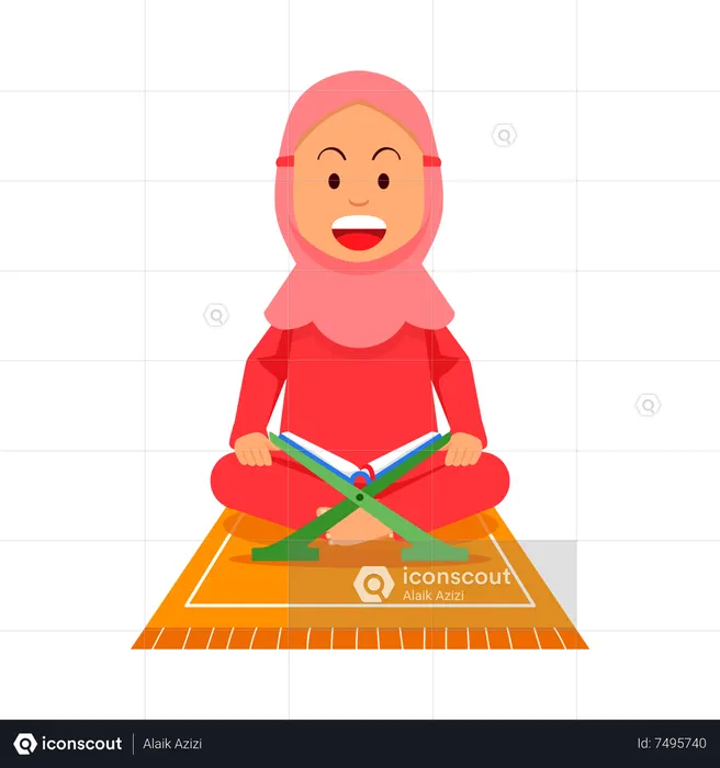 Menina muçulmana lendo livro sagrado e rezando no tapete de oração  Ilustração