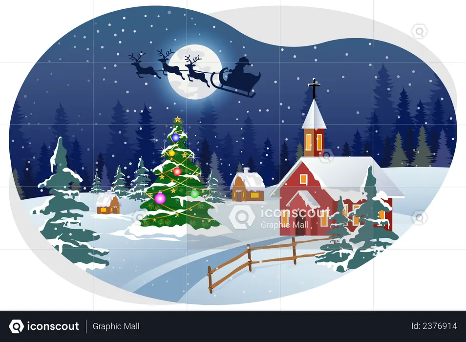 Santa volando en el cielo durante la noche de Navidad  Ilustración