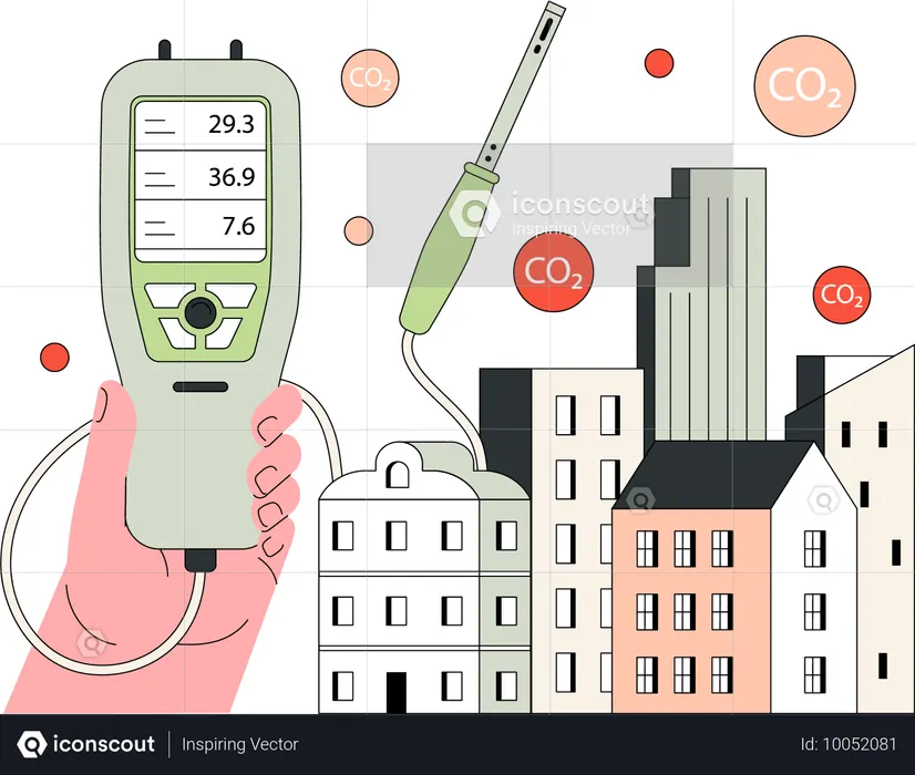Smoke detector measuring smoke coming out of industry  Illustration