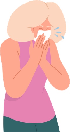 Aged sick woman sneezing into handkerchief  Illustration
