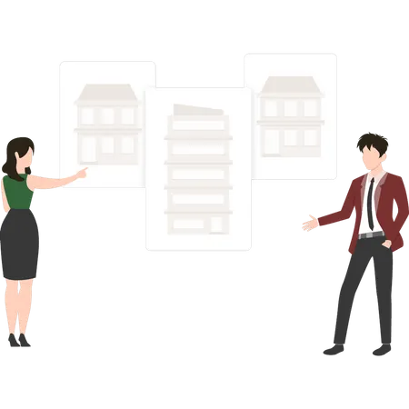 Agente imobiliário mostra construção ao comprador no mercado digital  Ilustração