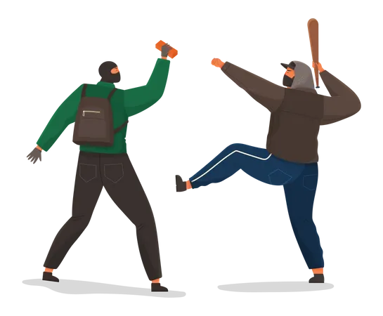 Aggressive men with a baseball bat and brick  Illustration