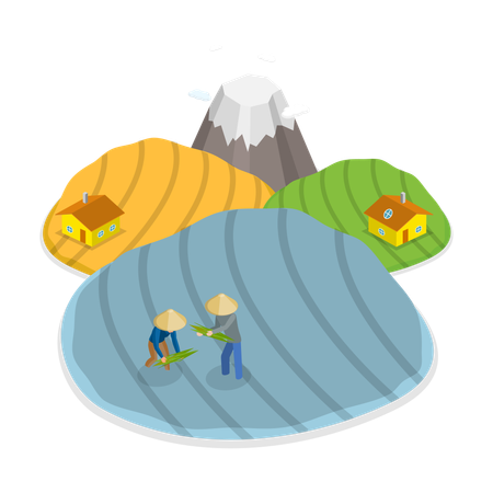 Agricultores que cultivan en sus granjas.  Ilustración