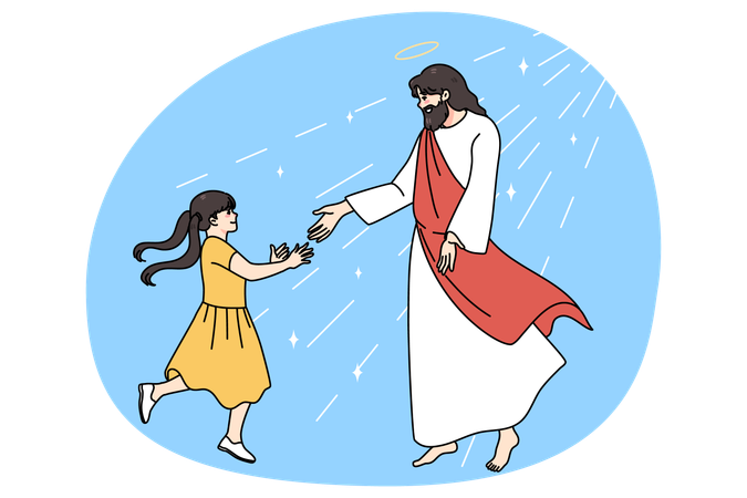 Jésus aimant rencontre une petite fille souriante  Illustration