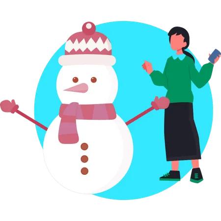 Muñeco de nieve alegre de pie con muñeco de nieve en traje de invierno con ropa roja  Ilustración