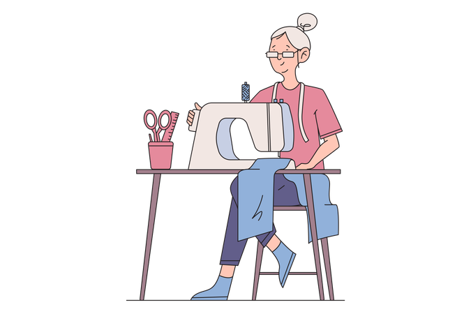 Alte Frau näht mit Nähmaschine  Illustration