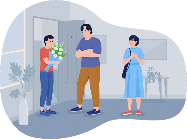 Angry dad looks at daughter boyfriend with disbelief  Illustration
