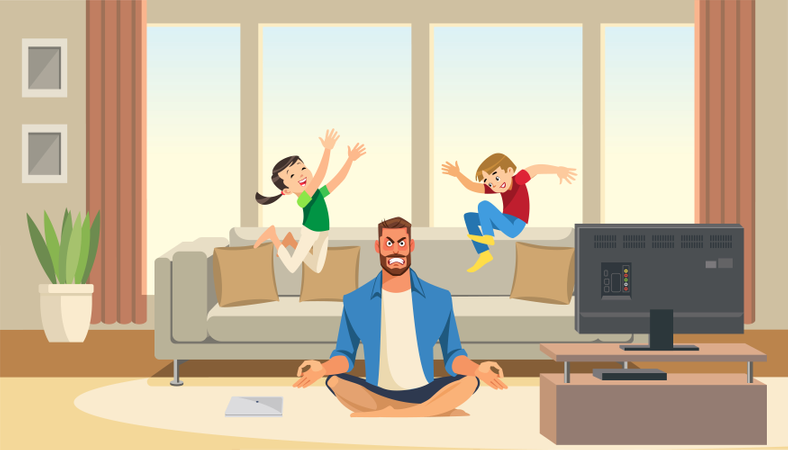 Angry father doing yoga  イラスト