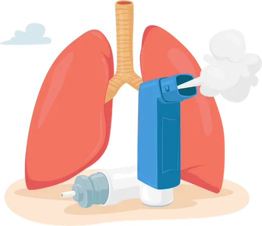Asthma Disease Concept. Human Lungs and Inhaler for Breathing. Chronic Sickness, Respiratory System Disease, Remedy  Illustration