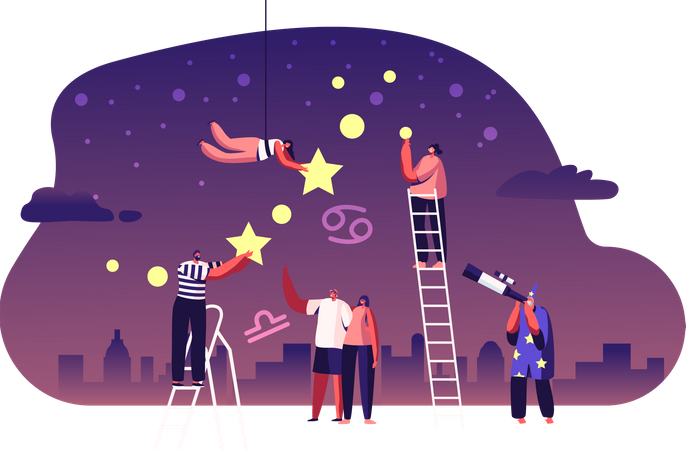Astrologue regardant le ciel étoilé de nuit à travers un télescope  Illustration