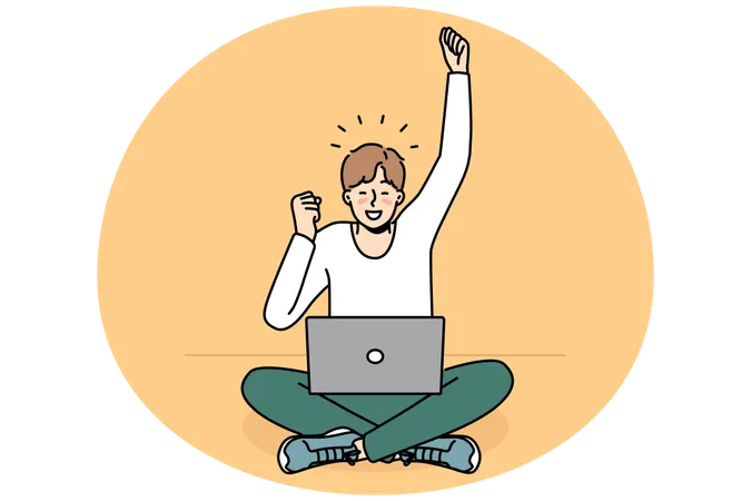 Aufgeregter junger Mann nutzt Laptop-Triumph mit guten Nachrichten  Illustration