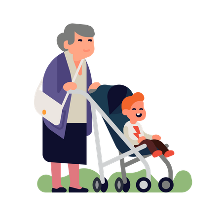 Baby grand kid with grandma are out for a walk  Illustration