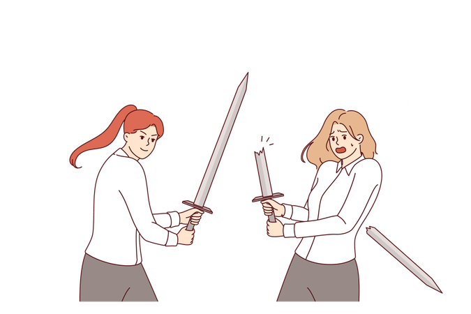 Batalla de mujeres empresarias que usan espadas para luchar por un puesto directivo vacante con un alto salario.  Ilustración