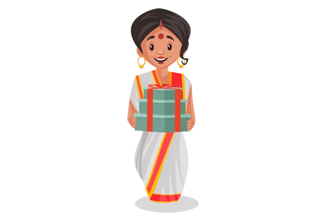 Bengali woman holding gifts in her hand  Illustration