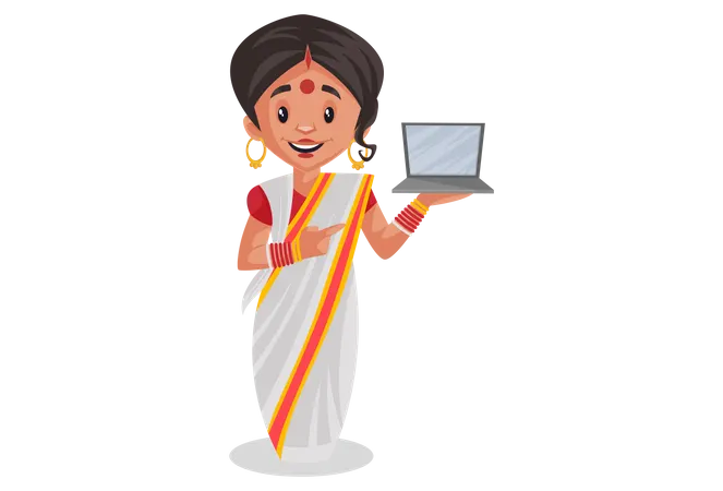 Bengali woman holding laptop in her hand  Illustration