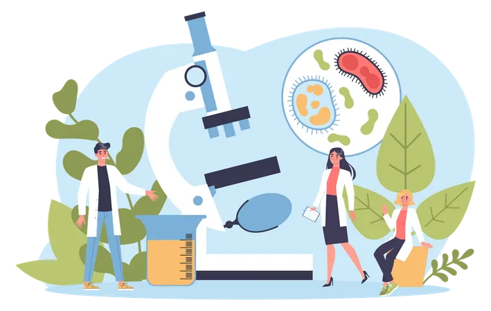 Biologe untersucht Pflanzenzelle unter dem Mikroskop  Illustration