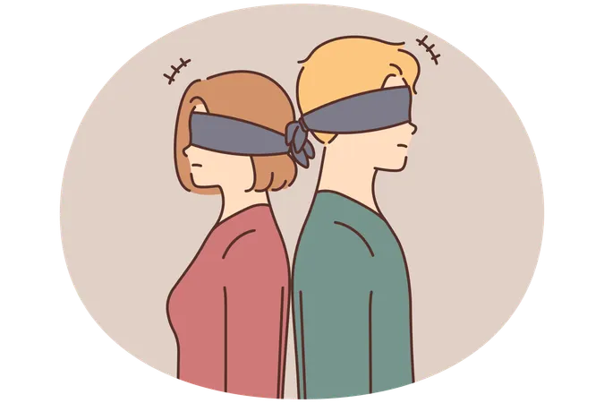 Blindfolded couple stand back to back  Illustration