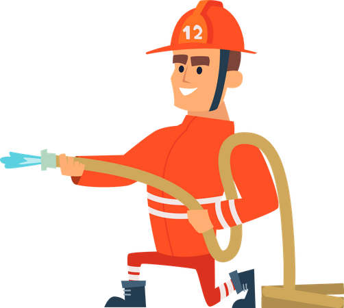 Bombero sosteniendo una manguera de agua  Ilustración