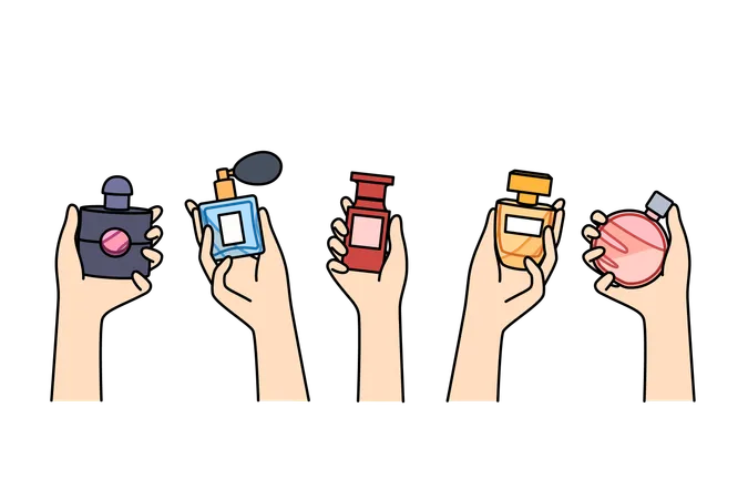 Bottles of perfume in hands of women choosing new scent to create desired look when going to party  Illustration