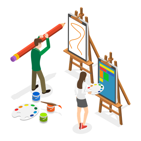Boy and girl drawing in art class  Illustration