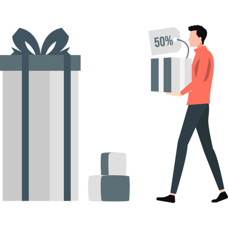 Boy buying 50 percentage off items  Illustration