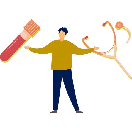 Boy holding stethoscope and lab tube  Illustration