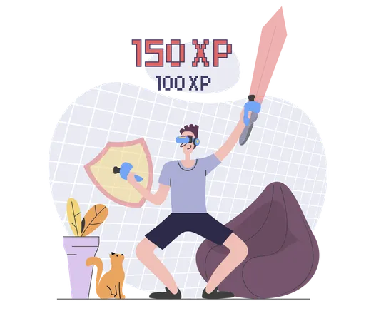 Boy playing VR war game Illustration
