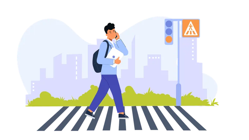 Boy talking on mobile while walking on zebra crossing  Illustration