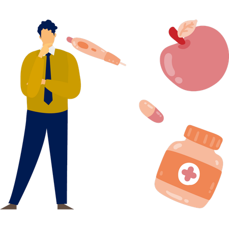 Boy thinking about medicines and diet food  Illustration