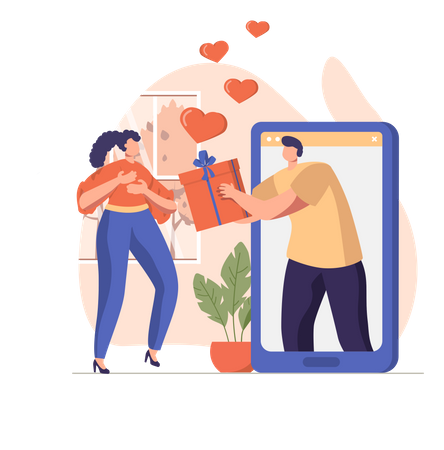 Boyfriend sending gift to girlfriend through mobile  Illustration