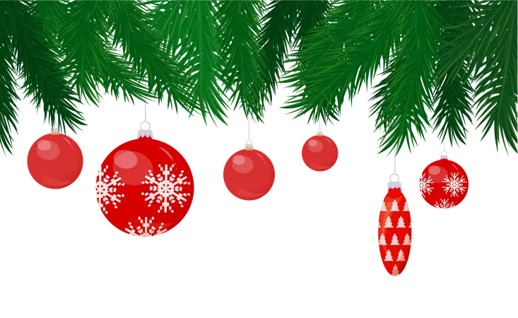 Bugigangas e cones pendurados na árvore de Natal  Ilustração