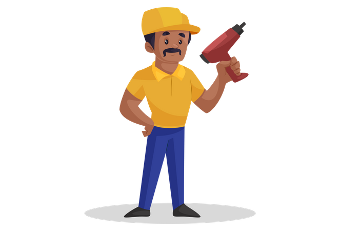 Builder is holding a drill machine in hand  Illustration