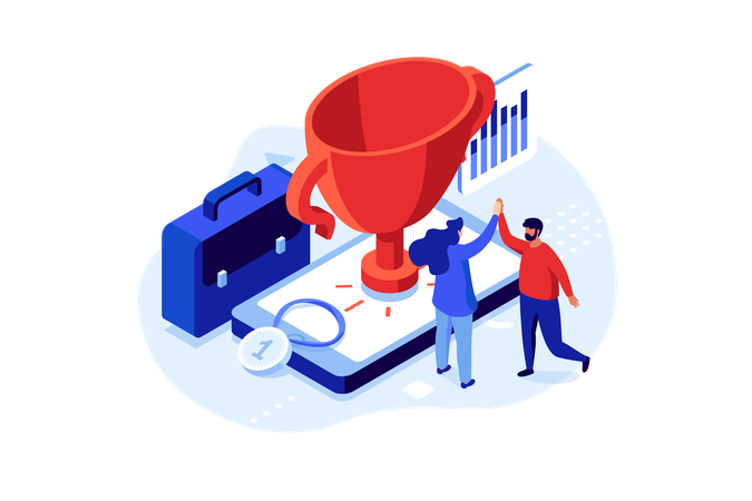 Business people giving high five near winner cup  Illustration