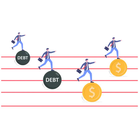 Business-Tee, Laufen und gleichzeitig Geschäftserfolg durch Schulden erzielen  Illustration