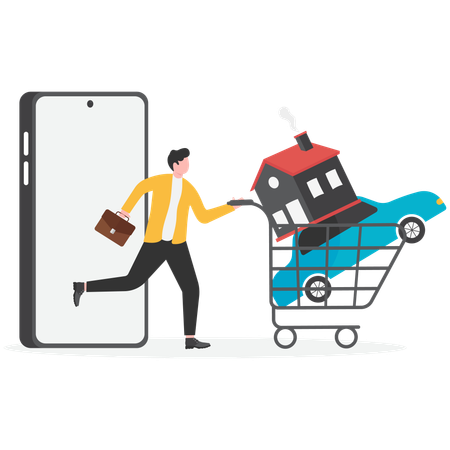 Businessman buying property while running with property in cart  Illustration