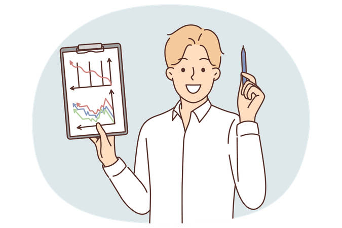 Businessman demonstrates results of company budget audit and holds pen and clipboard with graphs  Illustration