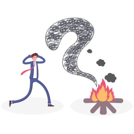 Businessman panic with black smoke question mark  Illustration