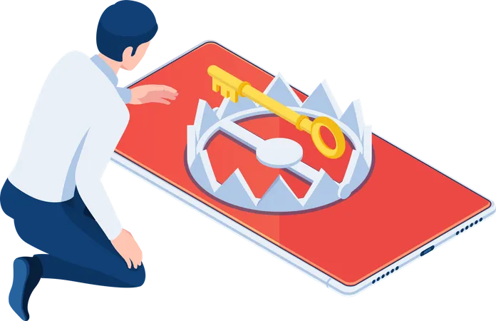 Businessman trying to get golden key from trap  Illustration