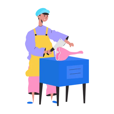 Butcher man cutting meat with cleaver  Illustration