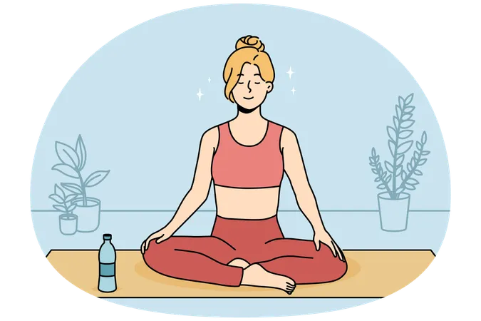 Calm young woman in sportswear sitting on mat practicing yoga at home  Illustration