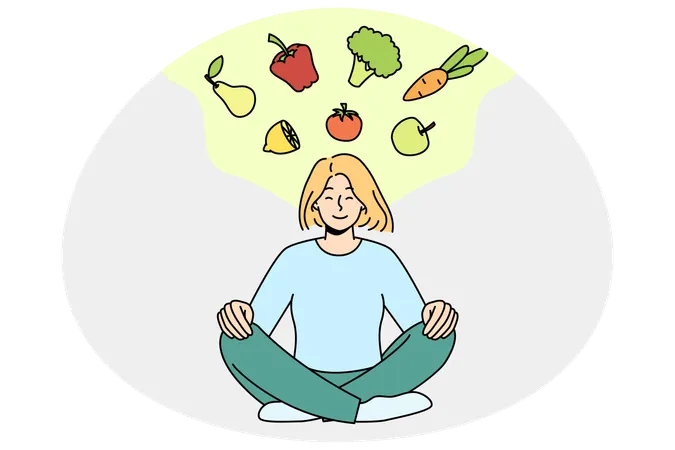 Calm young woman meditating thinking of healthy eating  Illustration