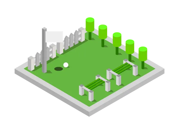 Campo de golfe com bola e poste de bandeira  Ilustração