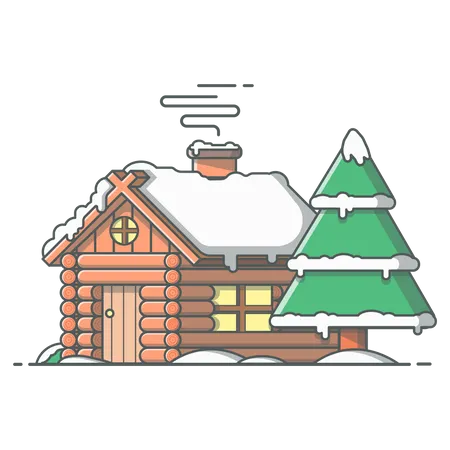 Casa de madera durante los inviernos.  Ilustración