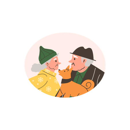 Casal aposentado com cabelos grisalhos passando um tempo feliz com seu cachorro  Ilustração
