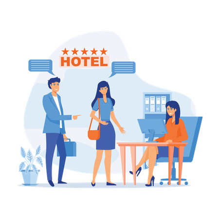 Casal avalia serviços de hotel para sua estadia luxuosa  Ilustração
