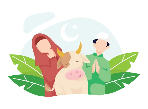 Casal muçulmano com seus animais celebrando Eid al-Adha  Ilustração